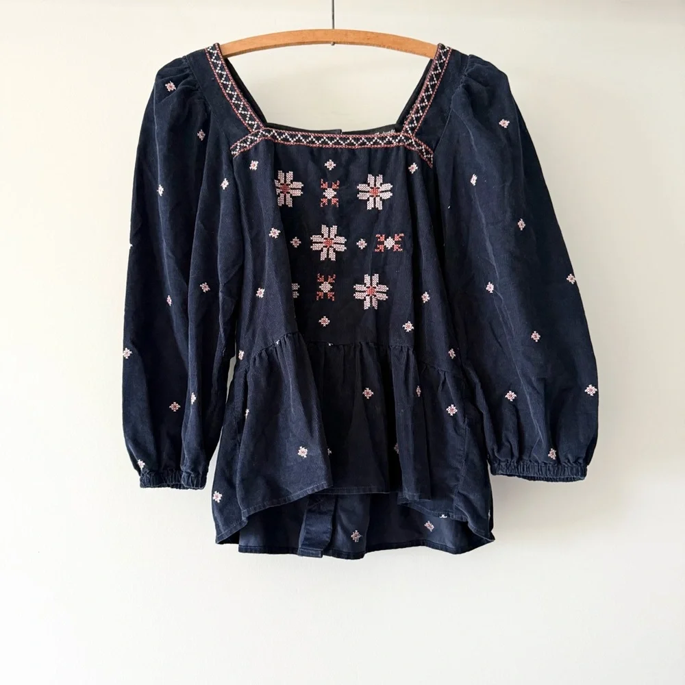 Madewell embroidered corduroy‎ button-back peplum top XS